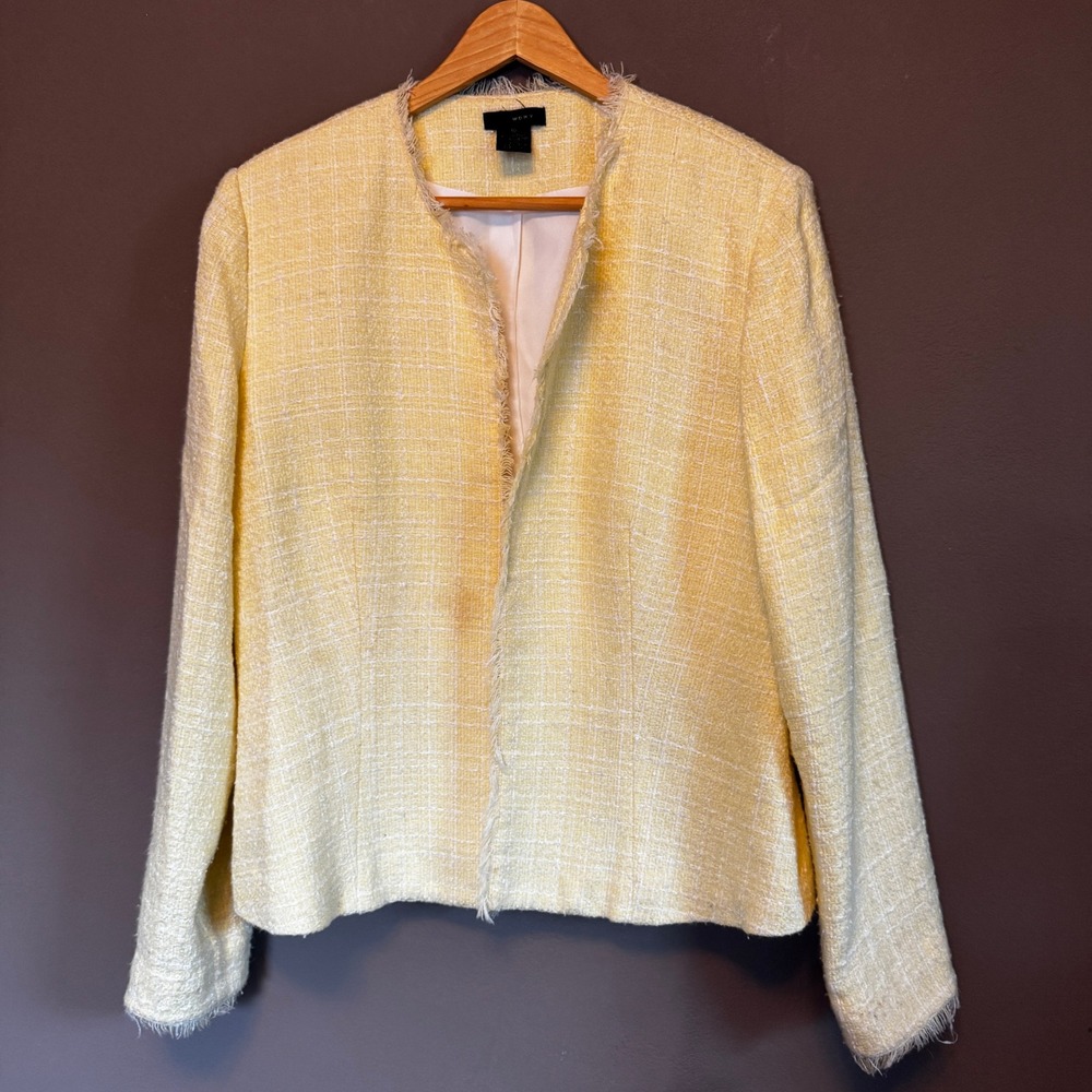 W.D.N.Y. Women Yellow Tweed Fringe Trim Open Front Blazer Jacket Size 10